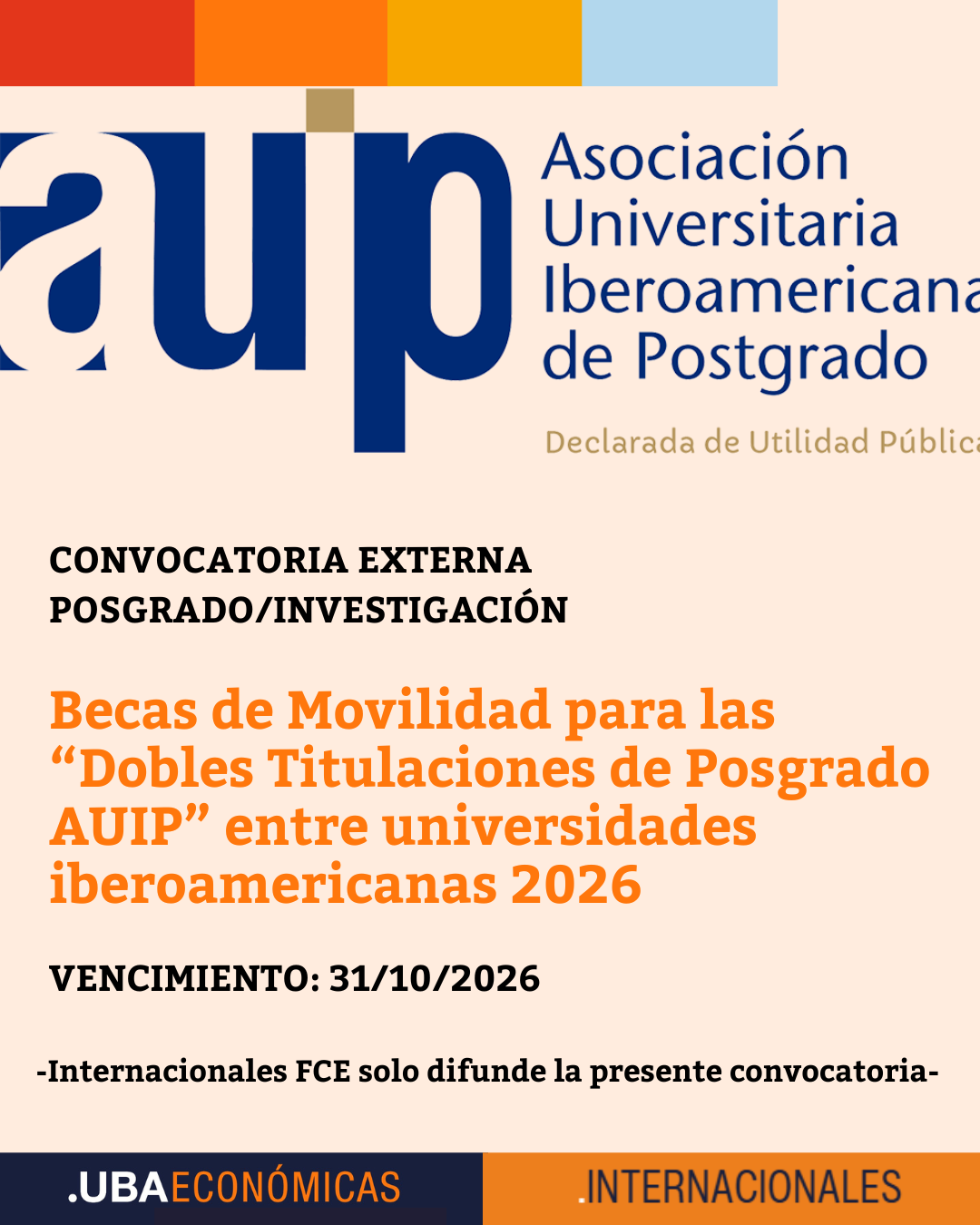 Becas de Movilidad para las “Dobles Titulaciones de Posgrado AUIP” entre universidades iberoamericanas 2026