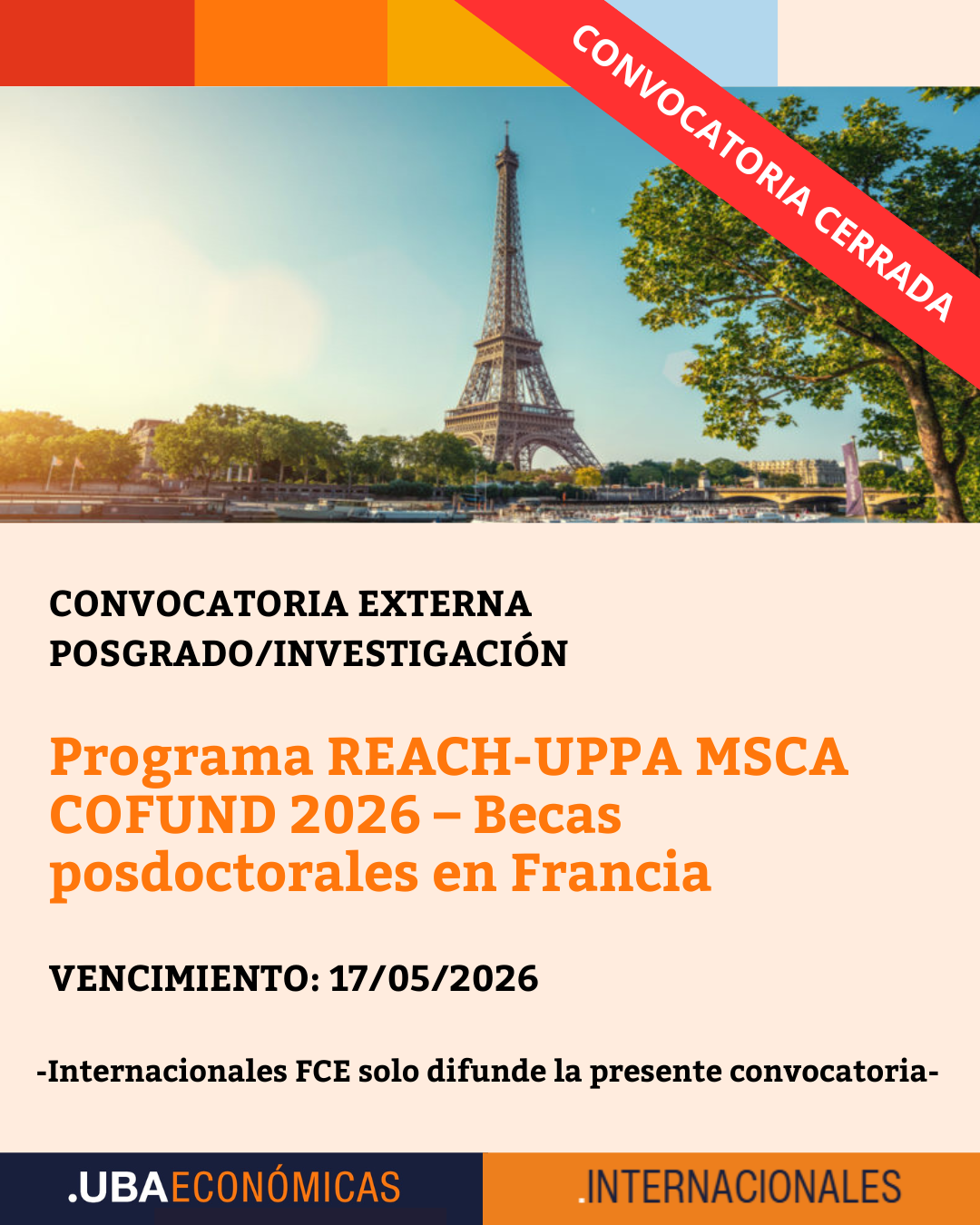 -CONVOCATORIA CERRADA- Programa REACH-UPPA MSCA COFUND 2026 – Becas posdoctorales en Francia